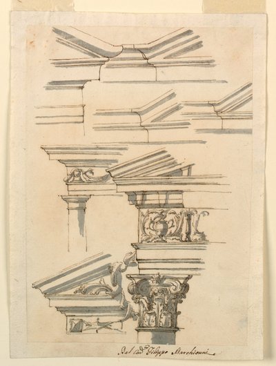 Tekening, Studies voor kroonlijsten en fronton, ca. 1770 door Filippo Marchionni