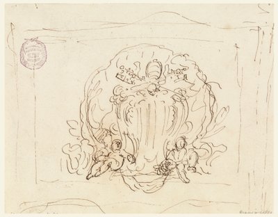 Tekening, Tablet met het wapen van paus Benedictus XIV met schelp als achtergrond, 1740-58 door Filippo Marchionni