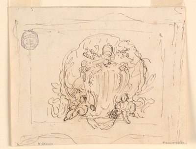 Tekening, Tablet met het wapen van paus Benedictus XIV met schelp als achtergrond, 1740-58 door Filippo Marchionni