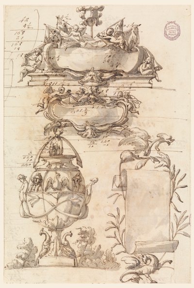 Twee wapenschilden, decoratieve vaas en een rol door Filippo Marchionni