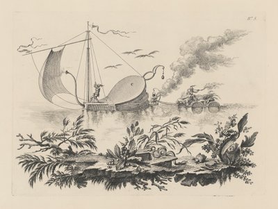 Manier van het vervoeren van goederen op vlotten getrokken door een blaasbalg door Filippo Morghen