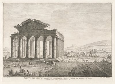 Veduta del tempio esastilo perittero dalla parte di mezzo giorno (Zicht op de Peripterale Hexastyle Tempel vanuit het zuiden), uit Antichità di Pesto (Antiquiteiten van Paestum) door Filippo Morghen