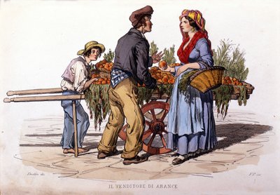 Kleine bedrijven van de stad Napels: de wandelende sinaasappelverkoper. Gravure naar een schilderij van F. Palizza. Uit een werk van Francesco de Bourcard 