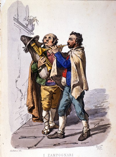Pijpspelers (zampogna). Gravure uit een werk van Francesco de Bourcard 