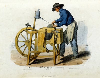 Kleine bedrijven van de stad Napels: een messenslijper. Gravure naar een schilderij van F. Palizza. Uit een werk van Francesco de Bourcard 