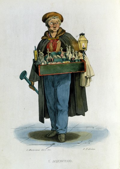 Kleine bedrijven van de stad Napels: een rondreizende brandewijnverkoper. Gravure uit een werk van Francesco de Bourcard 