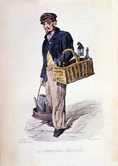 Kleine onderneming van de stad Napels: de "caffettiere", een Napolitaanse koffiemerchant. Gravure naar een schilderij van F. Palizza. Uit een werk van Francesco de Bourcard "Costumi del regno di Napoli" door Filippo Palizzi