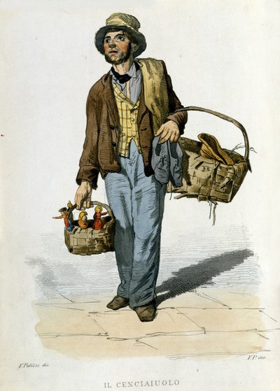 Kleine handel van de stad Napels: de cenciauolo. Hij was een personage die oude stoffen en kleren verzamelde die hij gebruikte om te ruilen voor stukken zeep. Gravure naar een schilderij van F. Palizza. Uit een werk van Francesco de Bourcard 