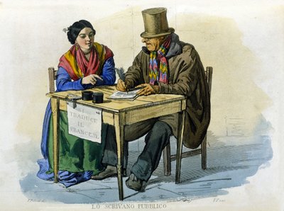 Kleine handel van de stad Napels: de publieke schrijver. Gravure naar een schilderij van F. Palizza. Uit een werk van Francesco de Bourcard 