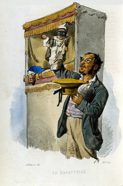 Kleine handel van de stad Napels: de poppenspeler. Gravure naar een schilderij van F. Palizza. Uit een werk van Francesco de Bourcard 