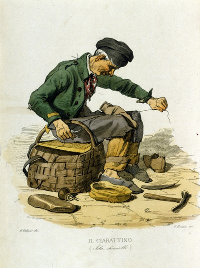 Kleine bedrijven van de stad Napels: de schoenlapper. Gravure naar een schilderij van F. Palizza. Uit een werk van Francesco de Bourcard 