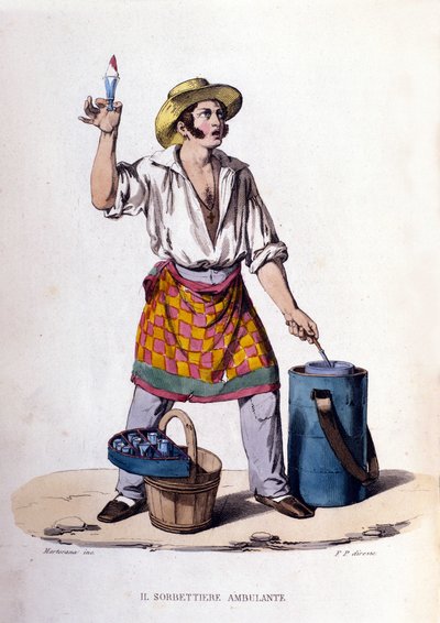 Kleine onderneming van de stad Napels: de verkoper van ijs en sorbets. Gravure naar een schilderij van F. Palizza. Uit een werk van Francesco de Bourcard 