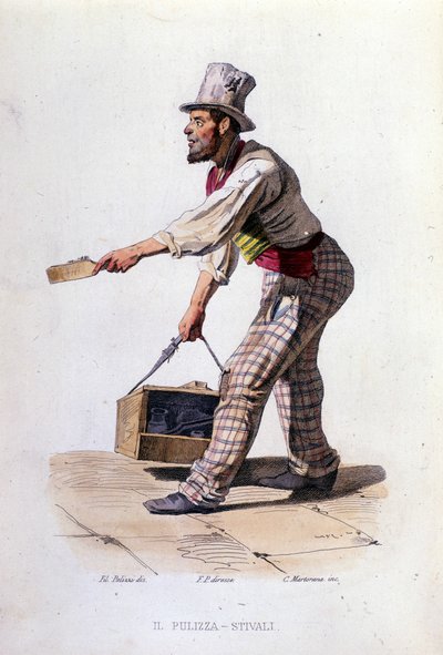 Kleine bedrijven van de stad Napels: de schoenpoetser. Gravure naar een schilderij van F. Palizza. Uit een werk van Francesco de Bourcard “Costumi del regno di Napoli” door Filippo Palizzi