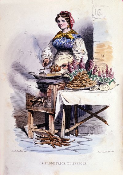 Kleine bedrijven van de stad Napels: wandelende verkoopster van zeppolle, specialiteit gebak van Napels. Gravure naar een schilderij van F. Palizza. Uit een werk van Francesco de Bourcard “Costumi del regno di Napoli” door Filippo Palizzi