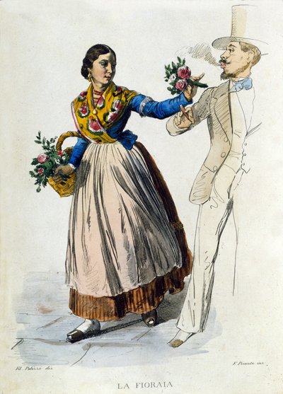 Kleine bedrijven van de stad Napels: jonge bloemist die een boeket aanbiedt aan een elegante man. Gravure uit een werk van Francesco de Bourcard 