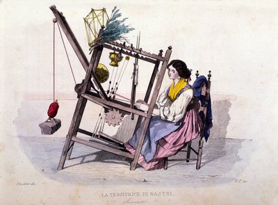Kleine onderneming van het koninkrijk Napels: jonge vrouw uit Sorrento die linten weeft. Gravure naar een schilderij van F. Palizza. Uit een werk van Francesco de Bourcard "Costumi del regno di Napoli" door Filippo Palizzi