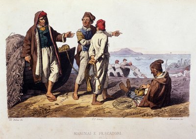Kleine beroepen van het Koninkrijk Napels: zeelieden en vissers. Gravure naar een schilderij van F. Palizza. Uit een werk van Francesco de Bourcard 