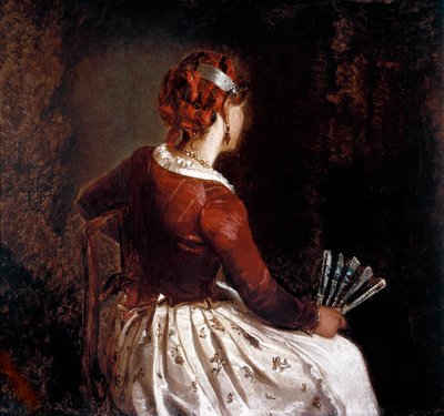Vrouw met de waaier. Portret van een zittende vrouw met een schort, een rok met bloemen en rode linten in haar haar en een waaier in haar hand door Filippo Palizzi