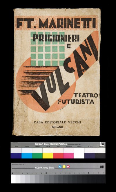 Futurisme: omslag van "Prigionieri e Vulcani" 1927 door Filippo Tommaso Emilio Marinetti