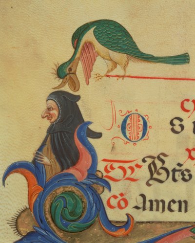Missaal 515 42r Een fantastische vogel gezeten boven een geklede figuur, detail van versierde initiaal R en rand uit een Koorboek uitgevoerd voor 1449 door Filippo di Matteo Torelli