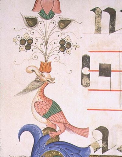 Missaal 515 f.120v Groteske vogel met menselijk hoofd, detail van decoratieve rand uit een Koorboek uitgevoerd voor 1449 door Filippo di Matteo Torelli