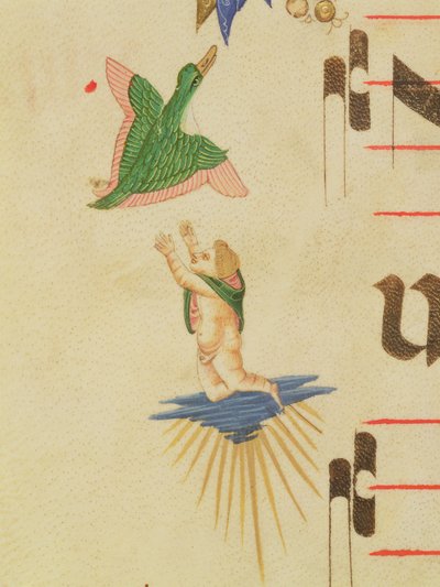 Missaal 515 f.13v Een geklede cherub die probeert een vliegende vogel te vangen, uit een decoratieve rand, detail uit een Koorboek uitgevoerd voor 1449 door Filippo di Matteo Torelli