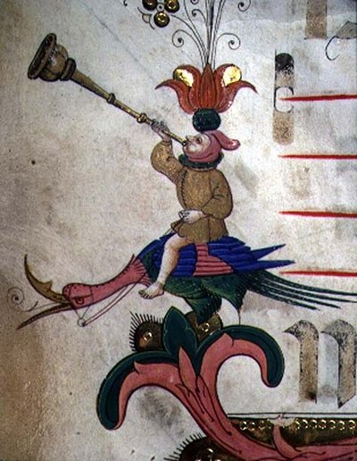 Missaal 515 f.9r Figuur die een hoorn blaast, gemonteerd op een getooide vogel, detail van decoratieve rand uit een Koorboek uitgevoerd voor 1449 (detail) door Filippo di Matteo Torelli