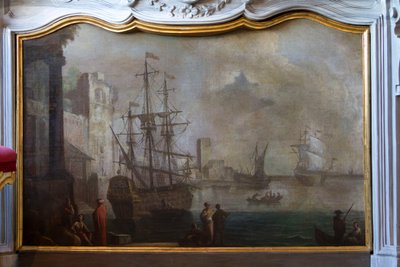 Zeegezicht schilderij, vuurscherm, jachtresidentie door Filippo or Juvara Juvarra