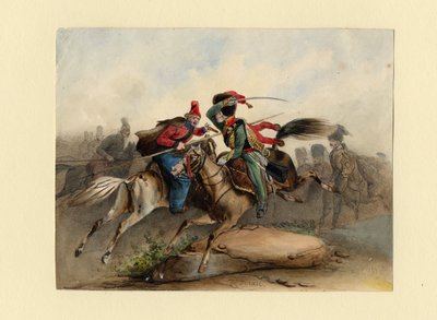 Franse Paardenjagers van de Keizerlijke Garde in gevecht met de Russische Kozakken door Finert
