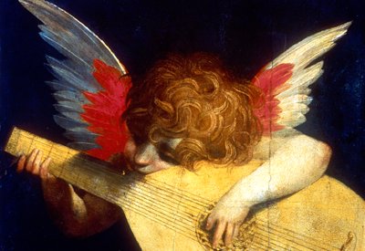 Gevleugelde putto die een luit speelt door Fiorentino Rossi