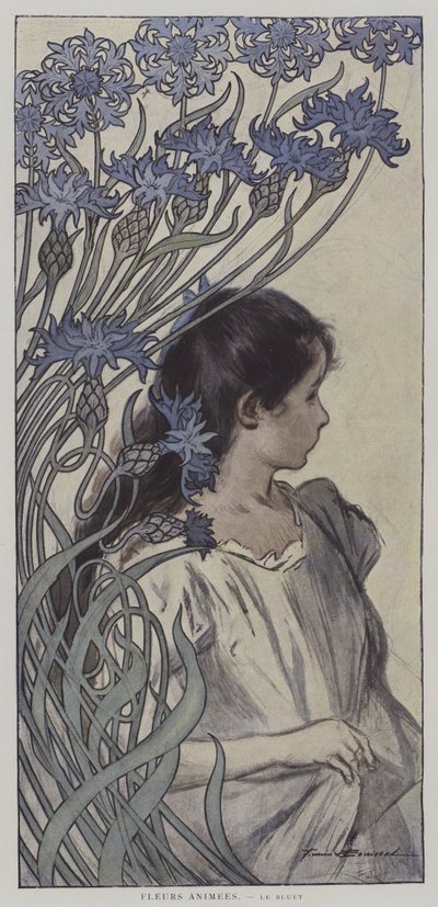 Geanimeerde bloemen: de korenbloem (kleur litho) door Firmin (after) Bouisset