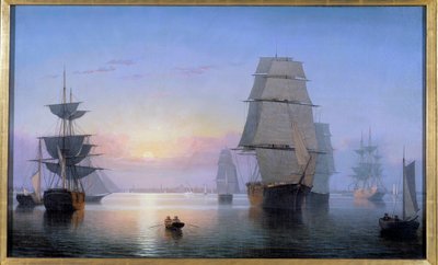 Boston Harbour in de ondergaande zon in 1850 door Fitz Henry Lane