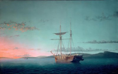 Lumber Schooners in de avond op Penobscot Bay door Fitz Henry Lane