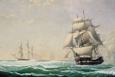 De Amerikaanse fregat President in gevecht met het Britse squadron in 1815 door Fitz Henry Lane
