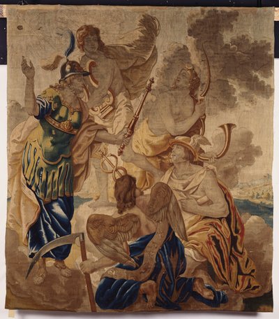 Een Brusselse wandtapijt geweven in wol en zijde, met verschillende godheden, waaronder Minerva, Apollo, Diana, Mercurius en Cornus te midden van wolken door Flemish School