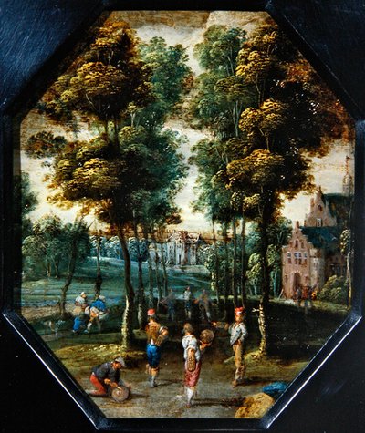 Een kermesscène in een dorp bij een rivier door Flemish School