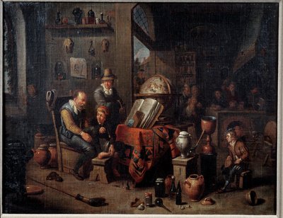 Een apotheker De apotheker in zijn laboratorium helpt zijn leerlingen en omringt zijn instrumenten, fles, kaart, alambiek. Achterin de toonbank van de winkel. Schilderij van de Vlaamse School. 16e eeuw Metz, Museum voor Schone Kunsten door Flemish School