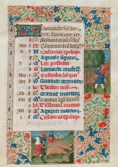 Kalender met november, eikels en kuddes varkens door Flemish School