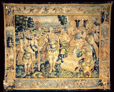 Kathedraal. Interieur. Vlaamse wandtapijt. De geschiedenis van Judas Maccabeus (?). Oorsprong Oudenaarde. Ongeïdentificeerde markeringen rechtsonder. Ca 1575-1610 door Flemish School