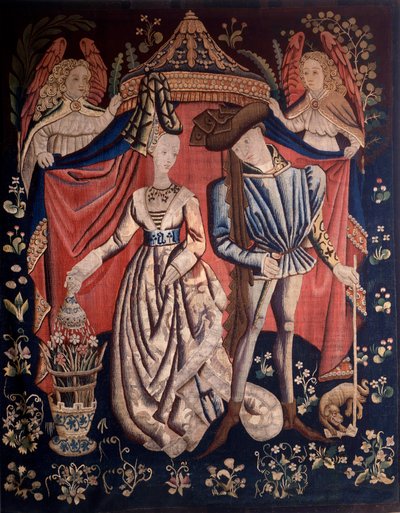 Karel van Orléans en Marie de Clèves onder een baldakijn - Wandtapijt gemaakt in de ateliers van Brussel door Flemish School