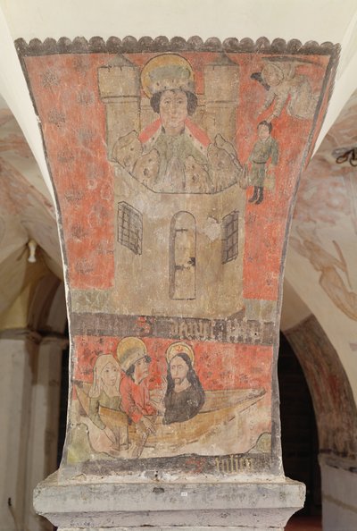 Daniel in de leeuwenkuil, met daaronder St. Julianus, zijn vrouw en Jezus Christus, muurschildering uit de crypte, c.1480-1540 door Flemish School