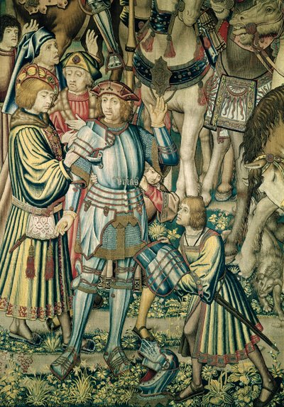 Detail van Uria de Hethiet die bewapend wordt uit Het Verzamelen van de Ruiters, van het tapijt van David en Bathseba, ca.1510-15 door Flemish School