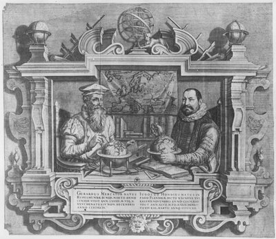 Dubbelportret van Gerard Mercator (1512-94) en Jodocus Hondius (1563-1612) gegraveerd voor opname in de Mercator en Hondius serie atlassen, 1619 door Flemish School