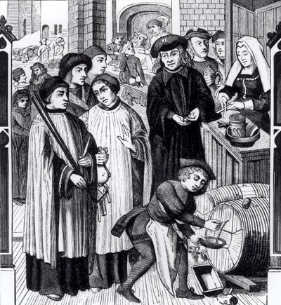 Heffingen op wijnen, verleend aan het kapittel van Doornik door koning Chilperic, naar een raam van de kathedraal van Doornik door Flemish School