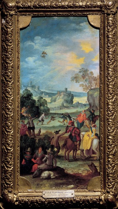 Valkenjacht. Jachtscène en rust op het platteland. Schilderij van de Vlaamse School. Begin 17e eeuw. Dijon, Museum voor Schone Kunsten door Flemish School