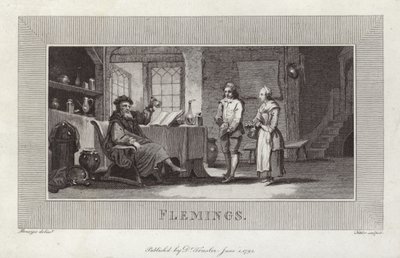 Vlamingen. Gravure van bedienden en meester. door Flemish School