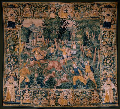 Vlaamse wandtapijt. Jacht op een hert. Atelier van Oudenaarde. 295x331cm. Inv (82941)-1 / PRIVE. 17e eeuw. door Flemish School