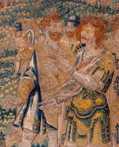 Flemish tapestry. Hannibals brother Hasdrubal taken prisoner by the Roman (Hannibals broer Hasdrubal gevangen genomen door de Romeinen). Atelier of Oudenaarde. 347x407cm. Inv 00005. door Flemish School