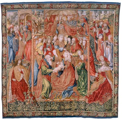 Vlaams wandtapijt. Serie Episodes uit het leven van de Maagd; Presentatie in de Tempel. Tweede wandtapijt in de serie. Modellen Toegeschreven aan Jan van Roome (of van Brussel). Manufacture Pieter van Aelst, Brussel. Ca 1502-1504. door Flemish School