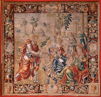 Vlaamse wandtapijt. Serie Esau en Jacob. Jacob verzamelt zijn vrouwen voordat hij naar Kanaän vlucht. Eerste wandtapijt in de serie. Atelier Nederland, tweede helft van de 16e eeuw. Stof door Flemish School
